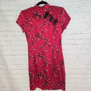 Vtg 90s Breakin' Loose Red  Floral Cheongsam Mini Dress Sz 8 Whimsigoth Grunge